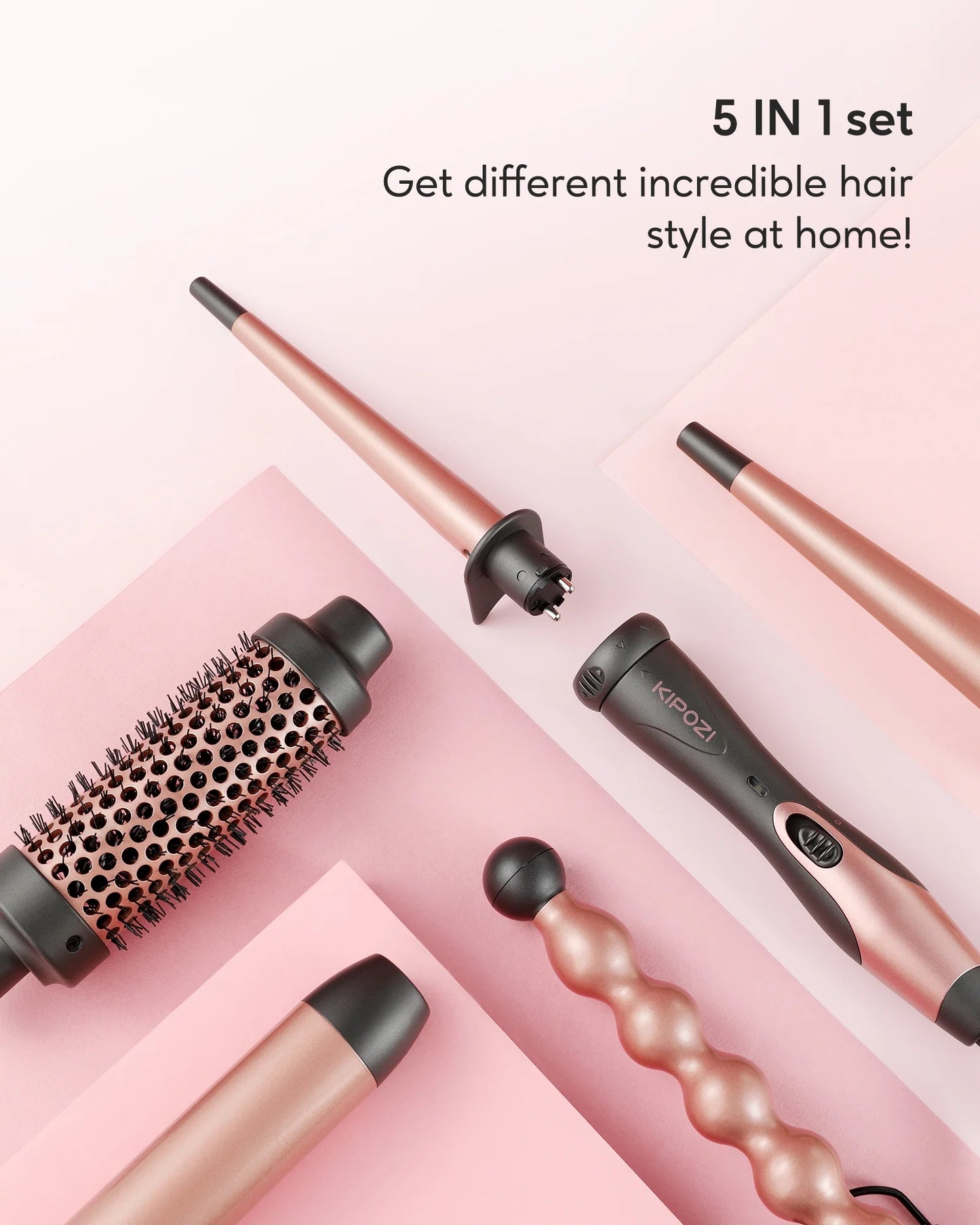 5 in 1 Curling Iron Wand Set Hair Wand, Instant Heating, with 4 Ceramic Barrels and 1 Curling Iron Brush