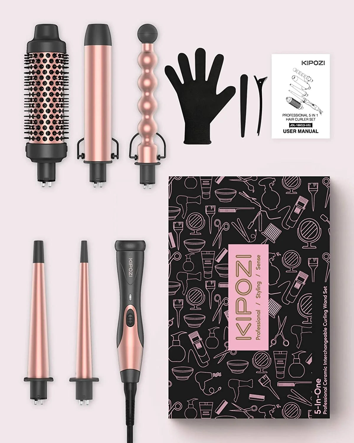 5 in 1 Curling Iron Wand Set Hair Wand, Instant Heating, with 4 Ceramic Barrels and 1 Curling Iron Brush